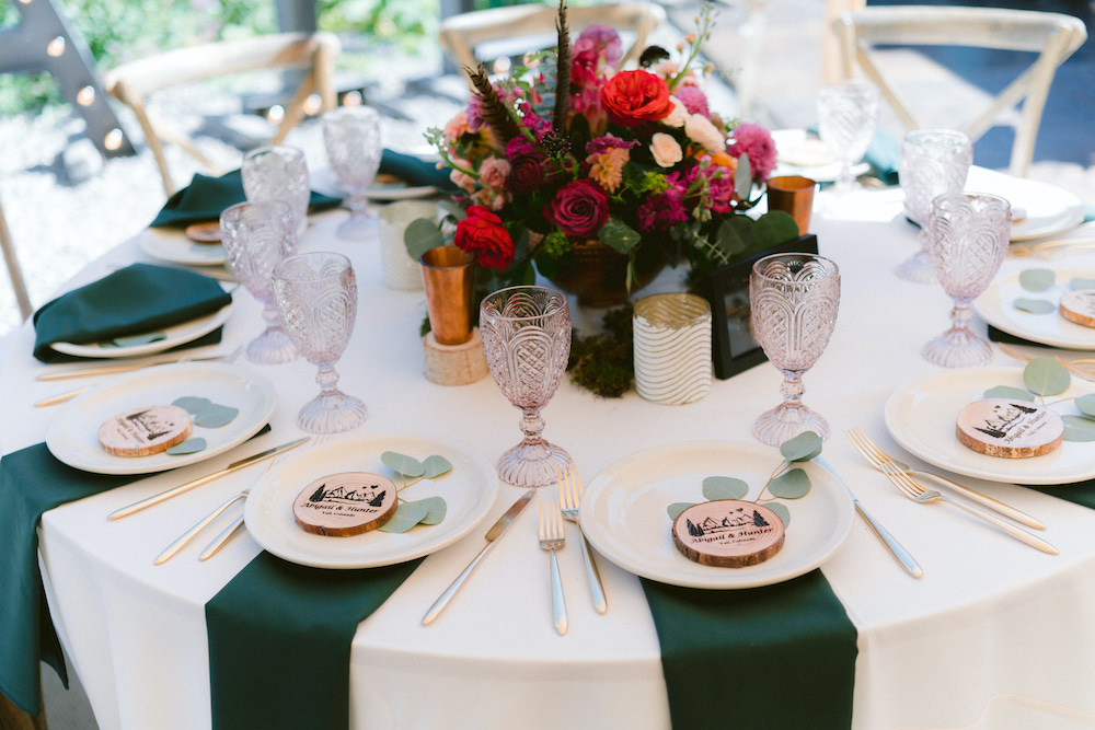 Pink and green chic wedding table with white linen