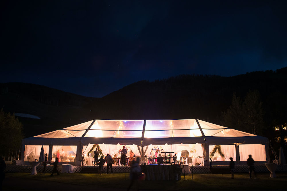 Clear wedding tent at night in Vail, CO